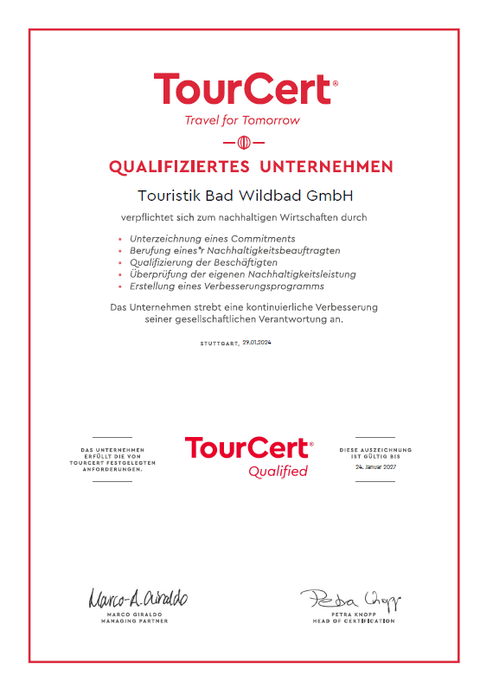 Touristik Bad Wildbad GmbH mit TourCert qualifiziert