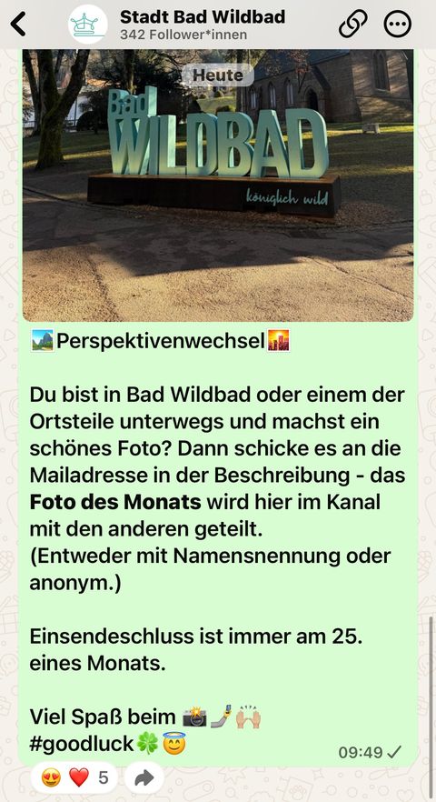 Post im WhatsApp Kanal der Stadt Bad Wildbad